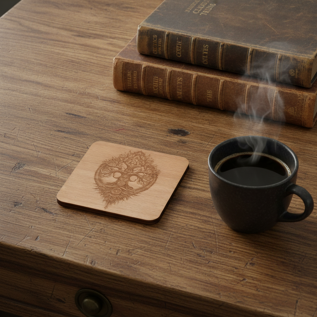 Handmade Celtic Tree of Life Beech Wood Coasters | Set of 4 Square Drink Coasters with Non-Slip Feet.
