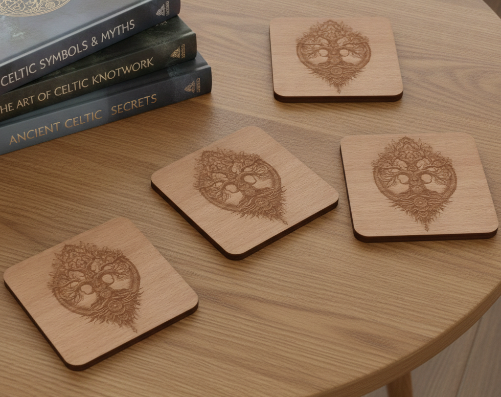 Handmade Celtic Tree of Life Beech Wood Coasters | Set of 4 Square Drink Coasters with Non-Slip Feet.
