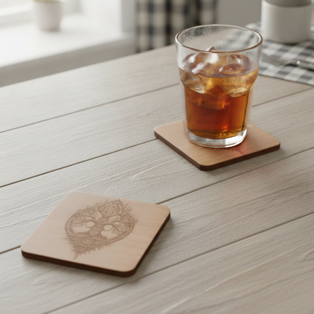 Handmade Celtic Tree of Life Beech Wood Coasters | Set of 4 Square Drink Coasters with Non-Slip Feet.