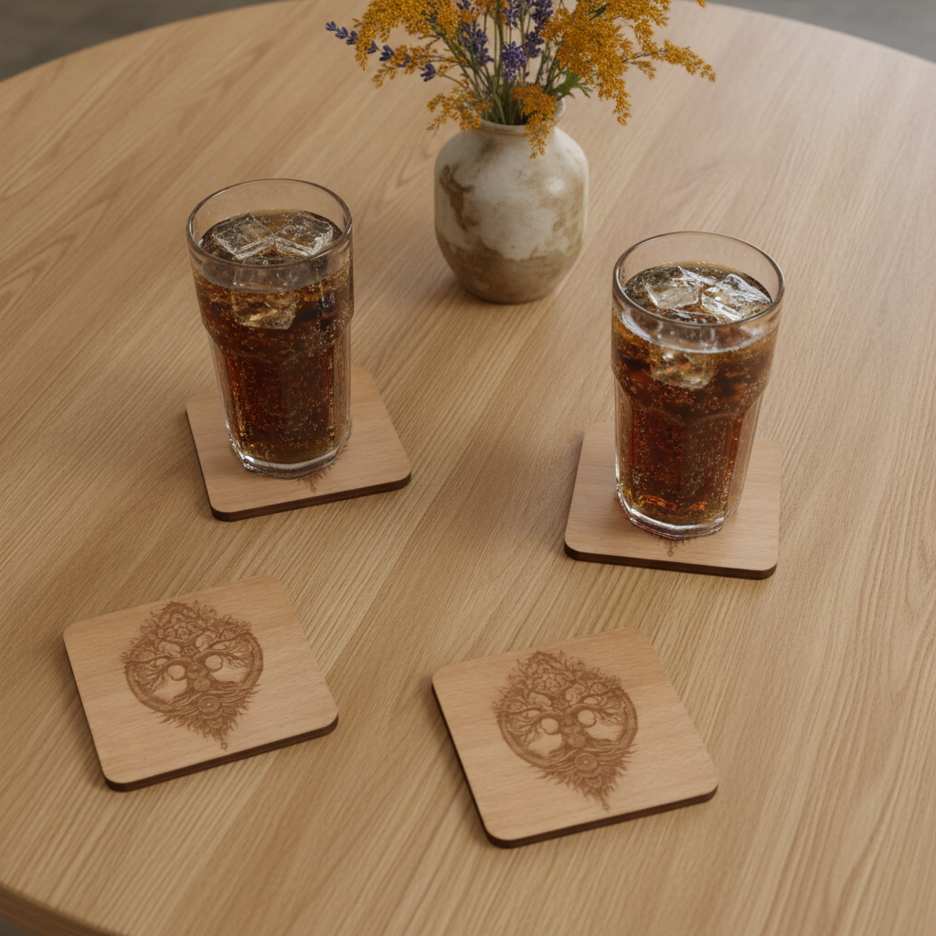 Handmade Celtic Tree of Life Beech Wood Coasters | Set of 4 Square Drink Coasters with Non-Slip Feet.