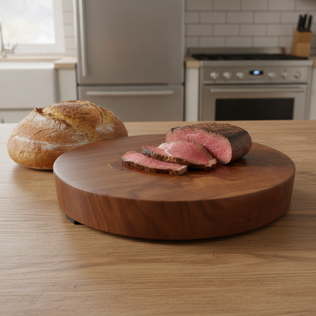 End Grain, Kiln Dried - Sapele Wood Round Butchers Block Chopping / Serving Board, with Rubber Feet and Waxed Edges, (330mm x 50mm) + 100mls of Cornish Food Safe Mineral Oil