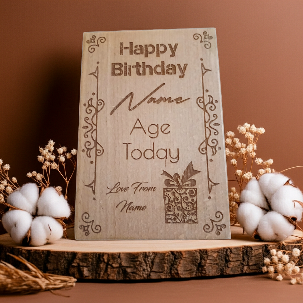 Happy Birthday, Steamed Beech Wood Card / Plaque for Personalisation.