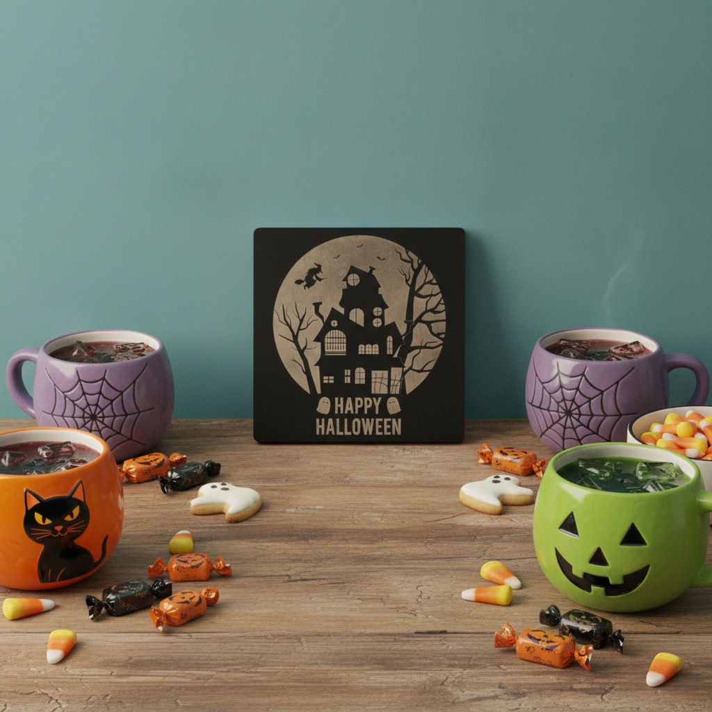 Happy Halloween Sign Wall Plaque Haunted House Door Hanging Spooky Décor 27cm x27cm x3mm.