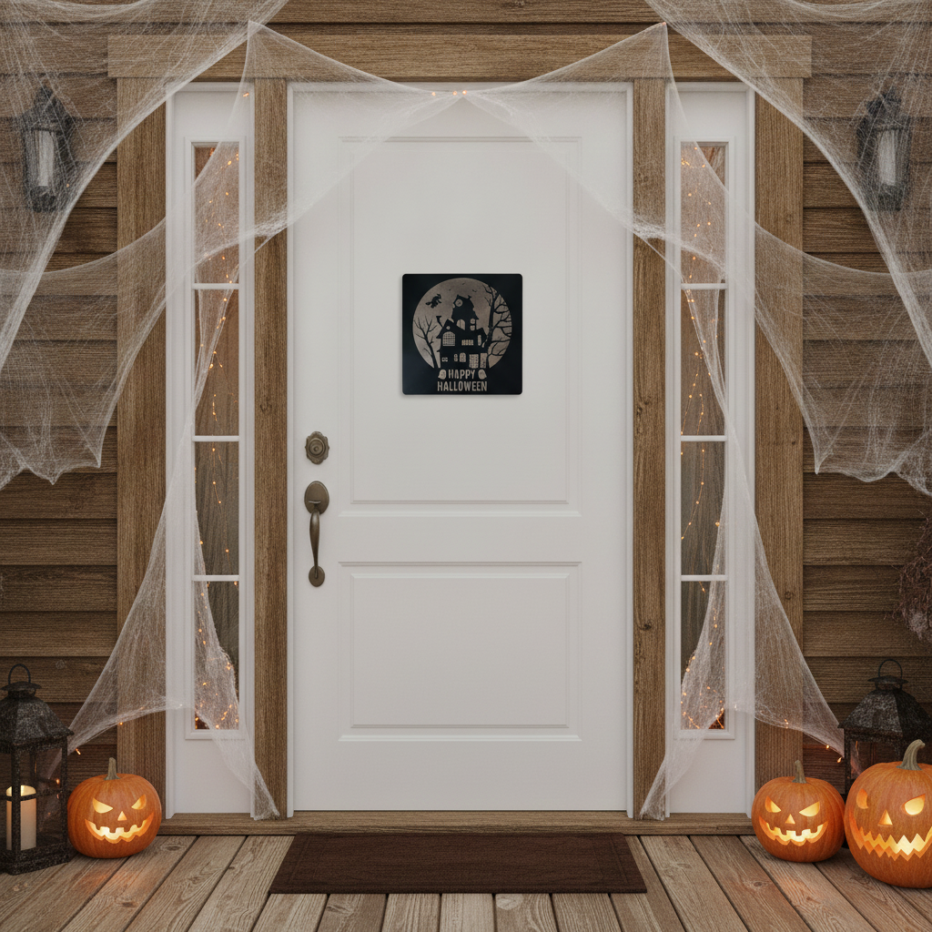 Happy Halloween Sign Wall Plaque Haunted House Door Hanging Spooky Décor 27cm x27cm x3mm.