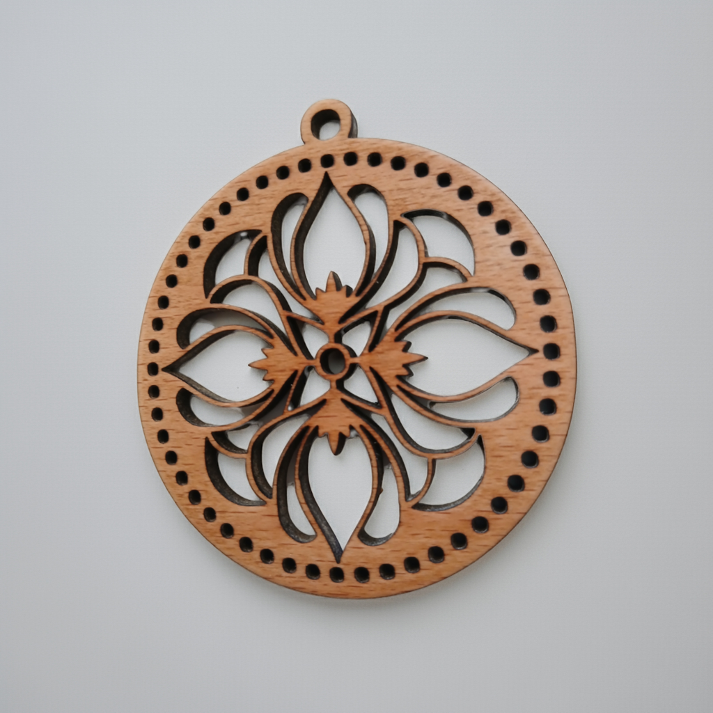 Intricate Round Steamed Beech Pendant. 70mm Diameter and 4mm thick.