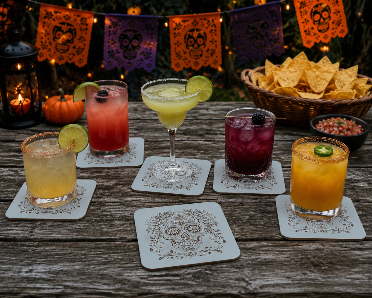 Set of 6, Day of the Dead Wooden Coasters. White Mexican Skull Drink Coaster, Halloween Table Décor, Gothic Home Accessories, Bumper Feet.