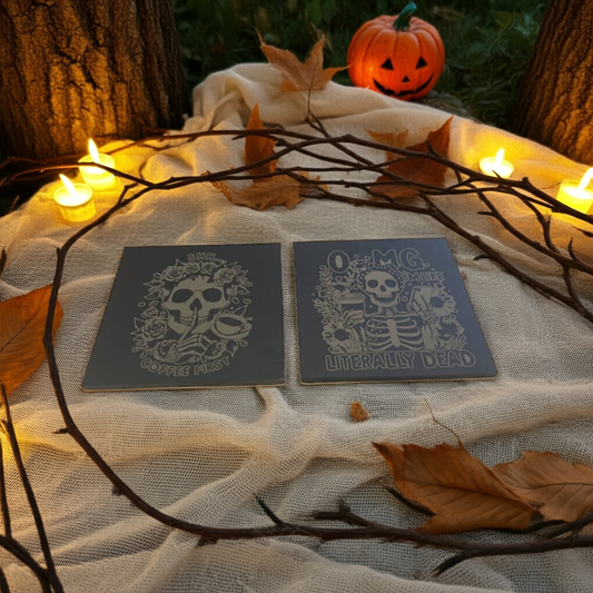 Macabre Natural Slate Coasters. ( set of 4 with 2 designs)