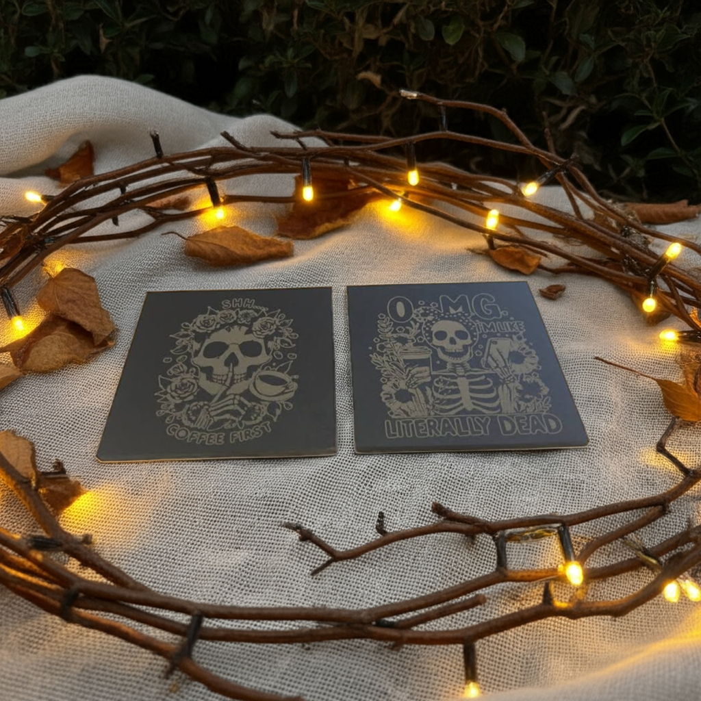 Macabre Natural Slate Coasters. ( set of 4 with 2 designs)