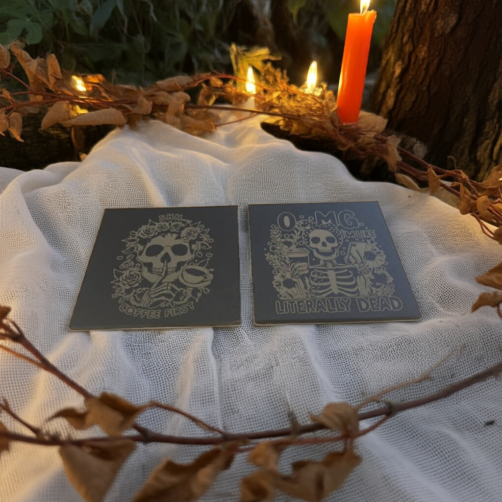 Macabre Natural Slate Coasters. ( set of 4 with 2 designs)