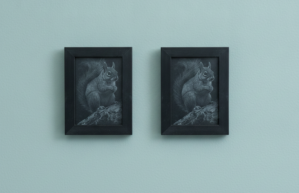 Painted Wood & Engraving of a Squirrel - 8.9cm x 12.7cm Framed Miniature Art.
