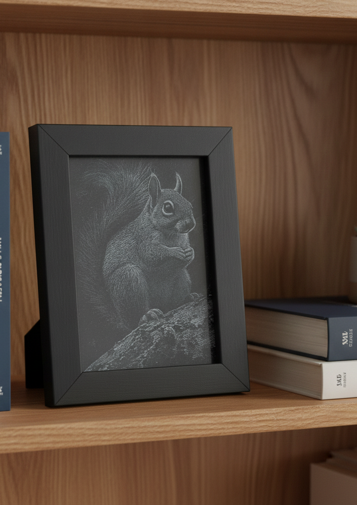 Painted Wood & Engraving of a Squirrel - 8.9cm x 12.7cm Framed Miniature Art.