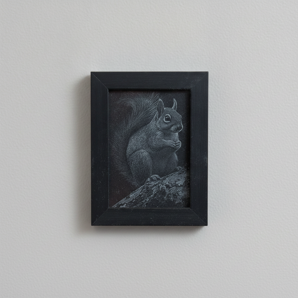 Painted Wood & Engraving of a Squirrel - 8.9cm x 12.7cm Framed Miniature Art.