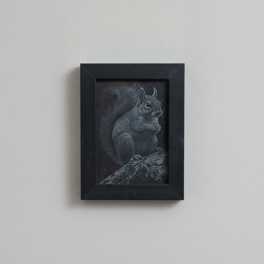 Painted Wood & Engraving of a Squirrel - 8.9cm x 12.7cm Framed Miniature Art.