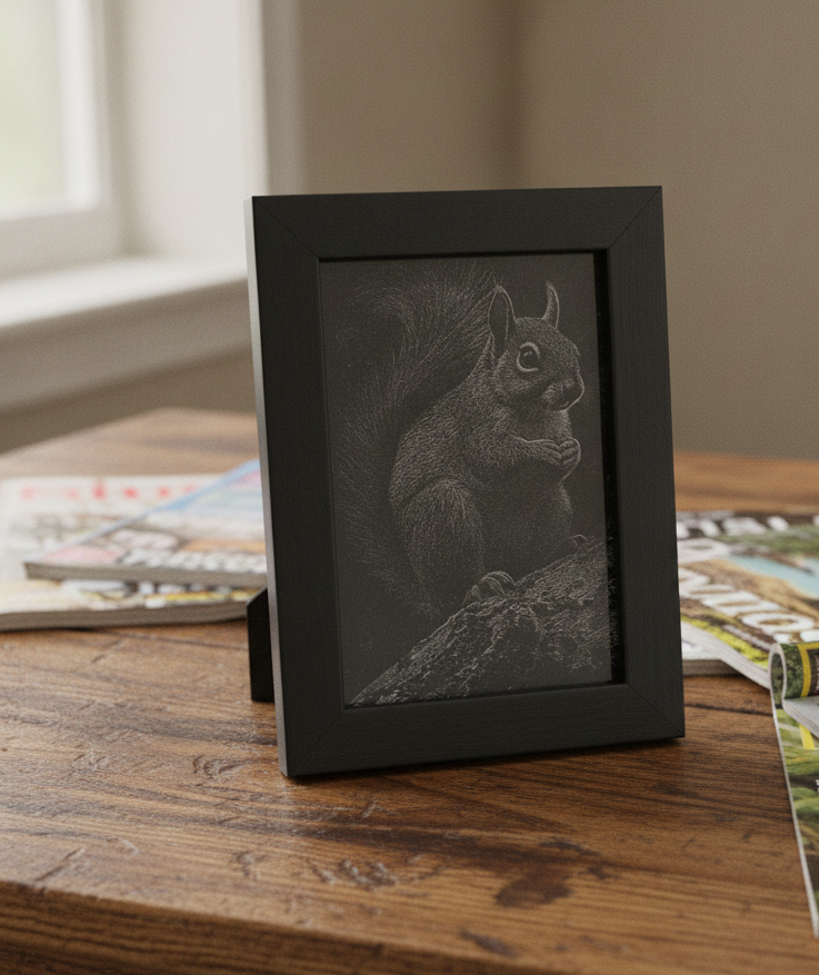 Painted Wood & Engraving of a Squirrel - 8.9cm x 12.7cm Framed Miniature Art.