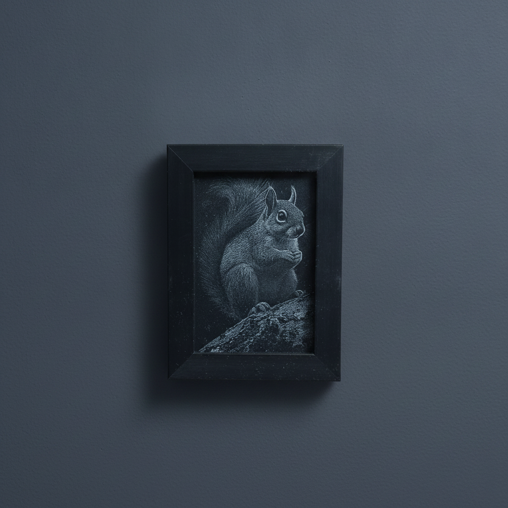 Painted Wood & Engraving of a Squirrel - 8.9cm x 12.7cm Framed Miniature Art.