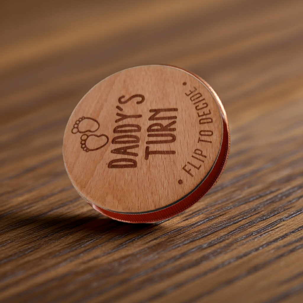 Parents Dilemma Decision Coin. 80mm diameter. Personalise with whose turn, e.g. Mommy, Mummy, Mum, Grandma, dad etc.