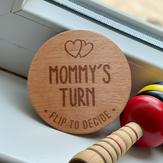 Parents Dilemma Decision Coin. 80mm diameter. Personalise with whose turn, e.g. Mommy, Mummy, Mum, Grandma, dad etc.