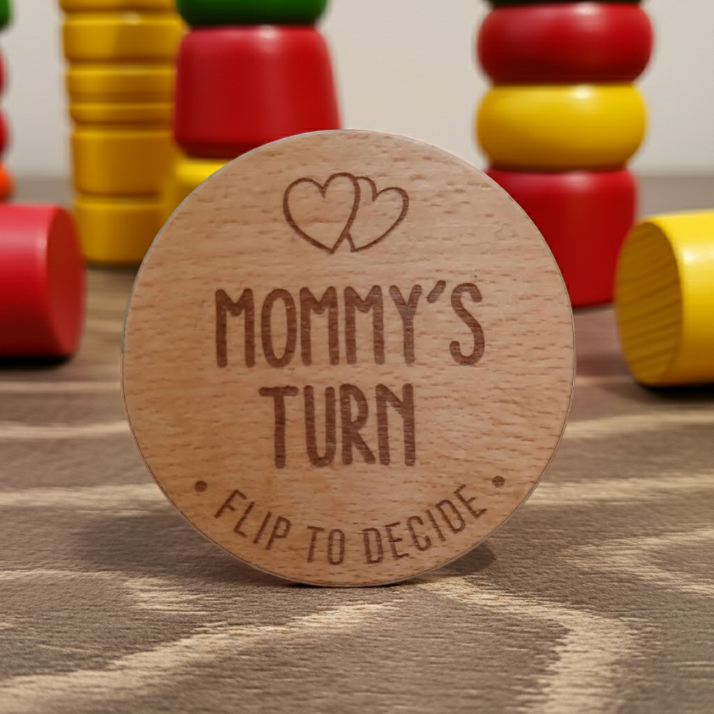Parents Dilemma Decision Coin. 80mm diameter. Personalise with whose turn, e.g. Mommy, Mummy, Mum, Grandma, dad etc.
