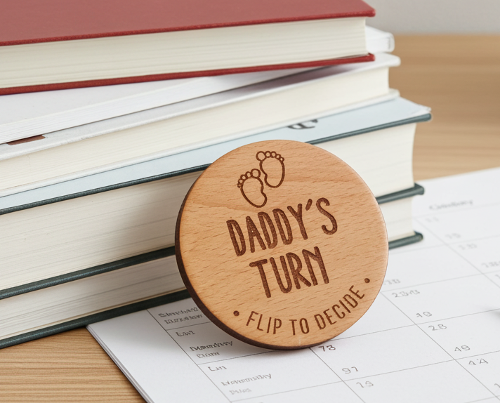 Parents Dilemma Decision Coin. 80mm diameter. Personalise with whose turn, e.g. Mommy, Mummy, Mum, Grandma, dad etc.