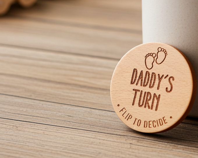 Parents Dilemma Decision Coin. 80mm diameter. Personalise with whose turn, e.g. Mommy, Mummy, Mum, Grandma, dad etc.