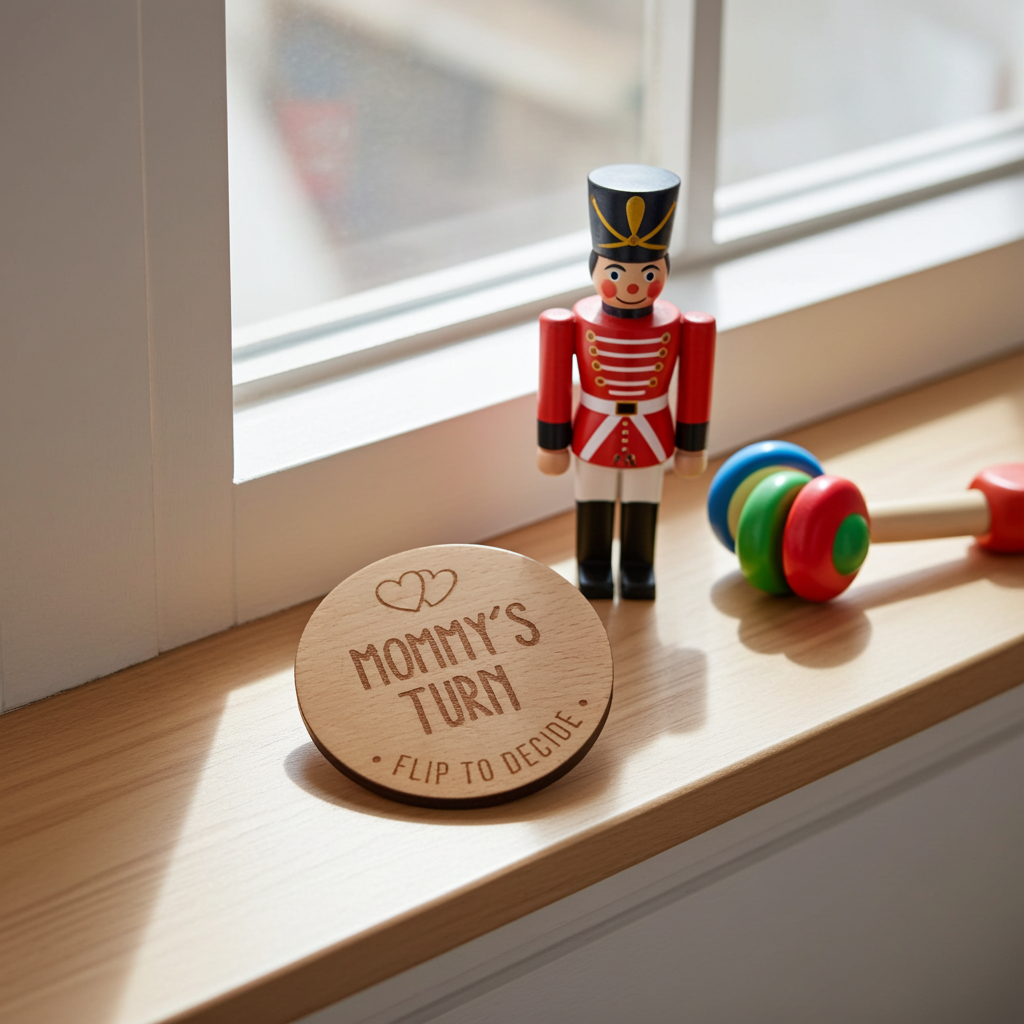 Parents Dilemma Decision Coin. 80mm diameter. Personalise with whose turn, e.g. Mommy, Mummy, Mum, Grandma, dad etc.