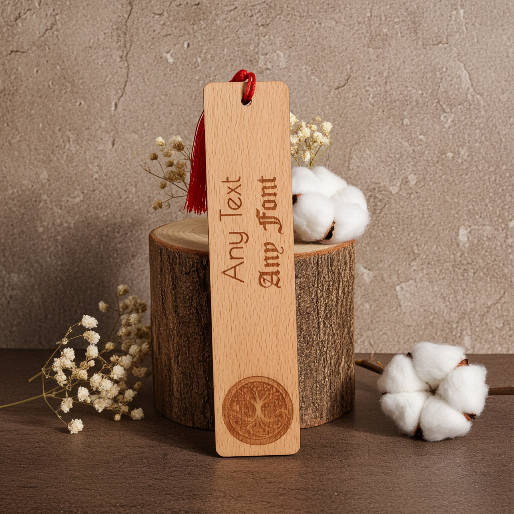 Personalised, Steamed Beech Bookmark , Any font, Text. Tree of Life Engraving, with Tassel.
