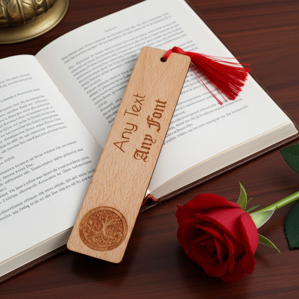 Personalised, Steamed Beech Bookmark , Any font, Text. Tree of Life Engraving, with Tassel.