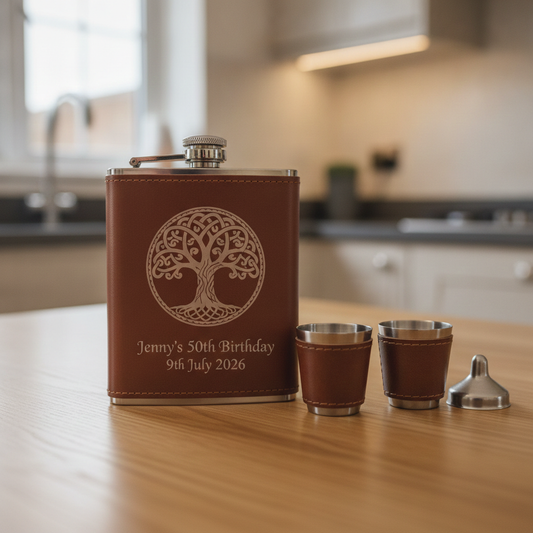 Personalised- Stainless Steel 7oz Hipflask, x 2 Cups and Funnel Set. Cool Gifts for any Celebration.
