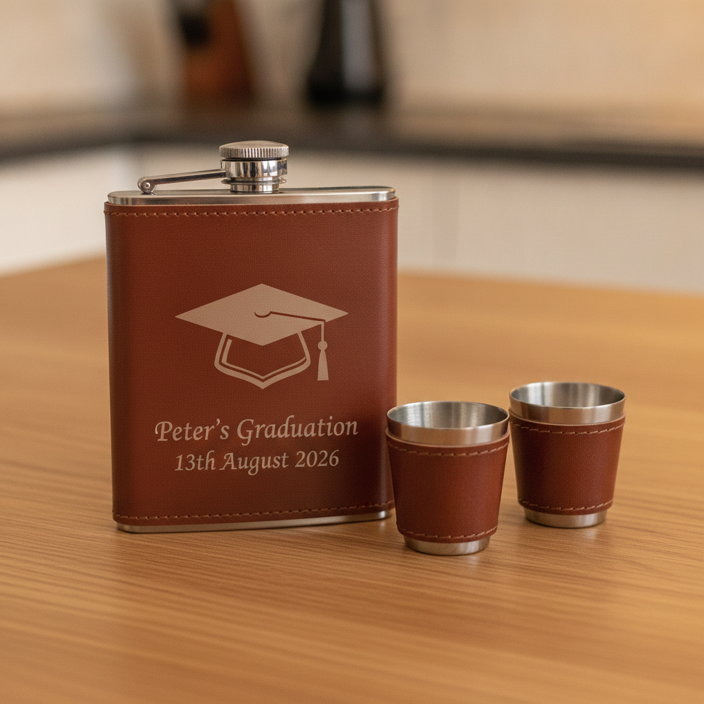 Personalised- Stainless Steel 7oz Hipflask, x 2 Cups and Funnel Set. Cool Gifts for any Celebration.
