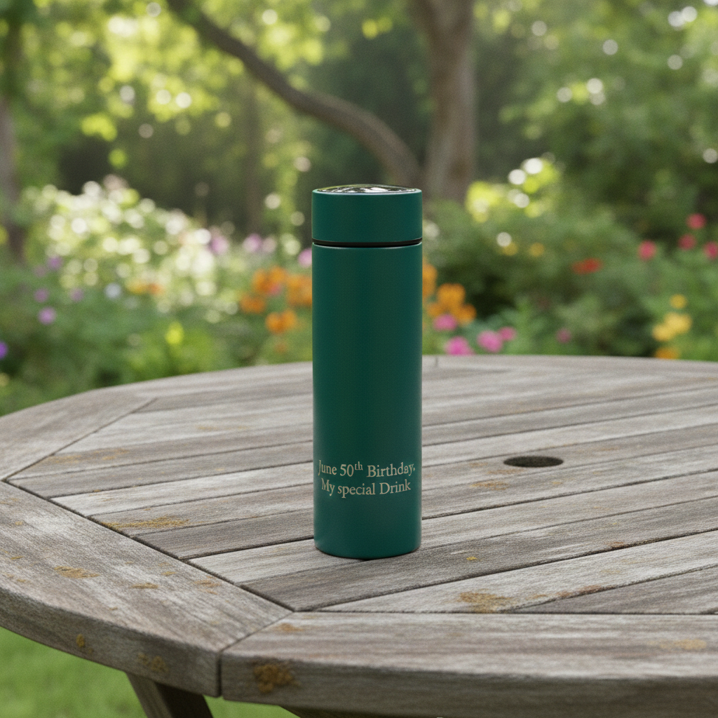 Personalised- Thermos Bottle – LED Temperature Display, Vacuum Flask ,Stainless Steel. Green. Any Text and Font.