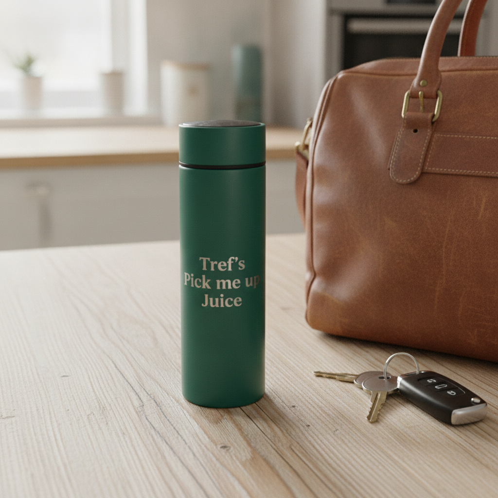 Personalised- Thermos Bottle – LED Temperature Display, Vacuum Flask ,Stainless Steel. Green. Any Text and Font.