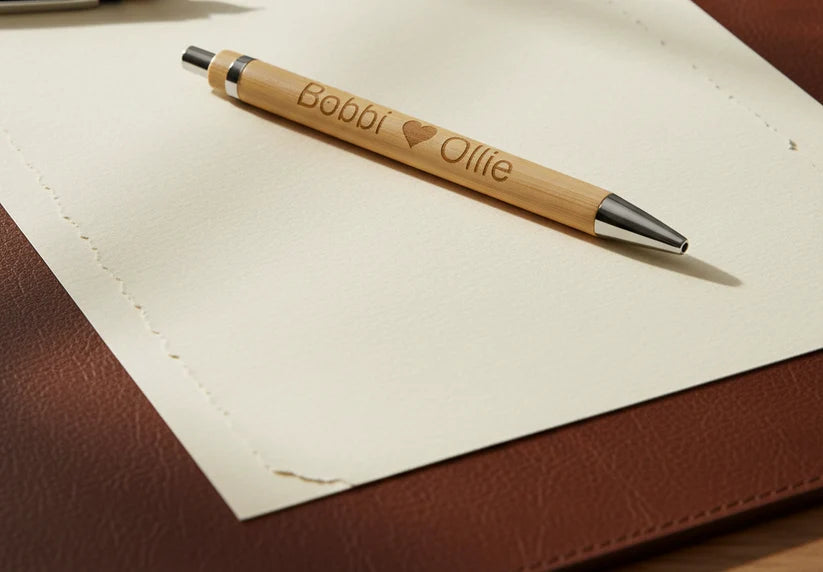 Personalised PU Tan Notebook & Bamboo Pen Set | Custom Engraved Hardback Notebook.