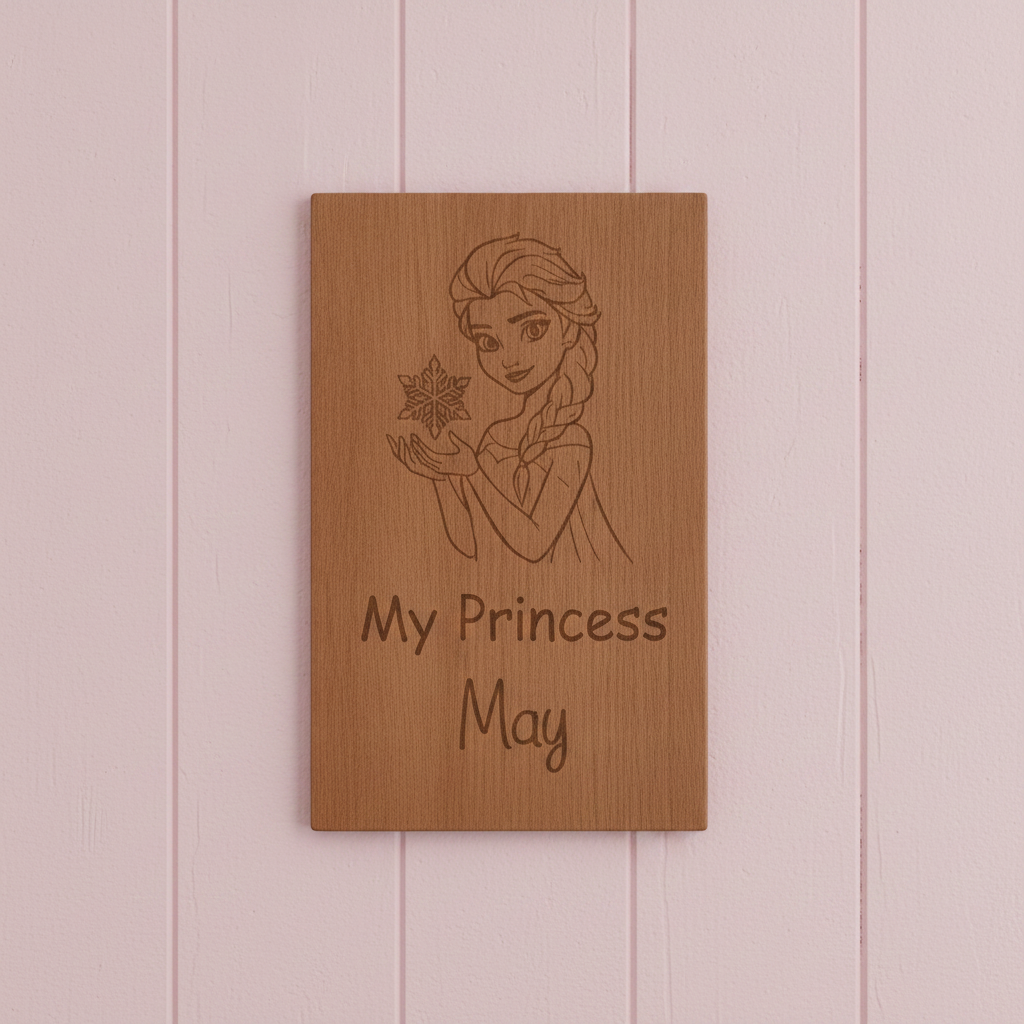 Personalised Beech Wood Princess Door Sign | Engraved Plaque, 25cm x 20cm x 4mm. Strong "leaves no marks" double sided tape.