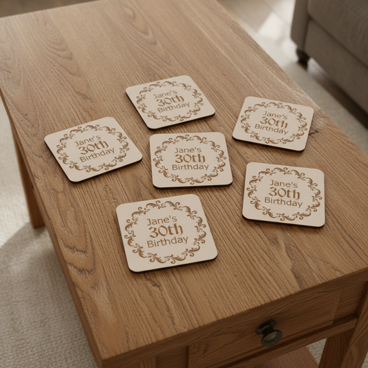 Personalised Birthday White Wood Coasters with Bumper Feet (Set of 6)