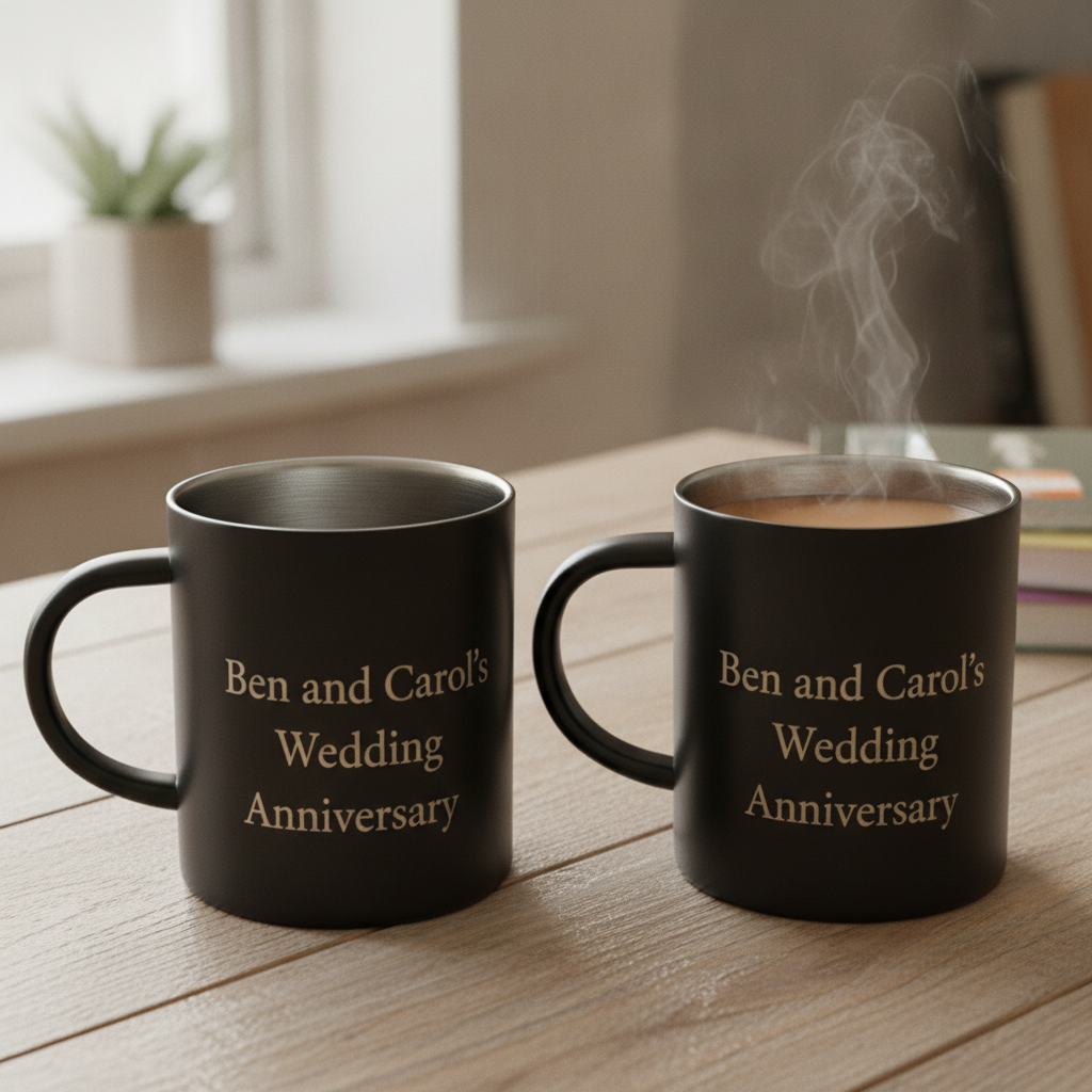 x 2, Personalised Black 400ml Stainless Steel Mugs. Any Text and Font, Logos etc.