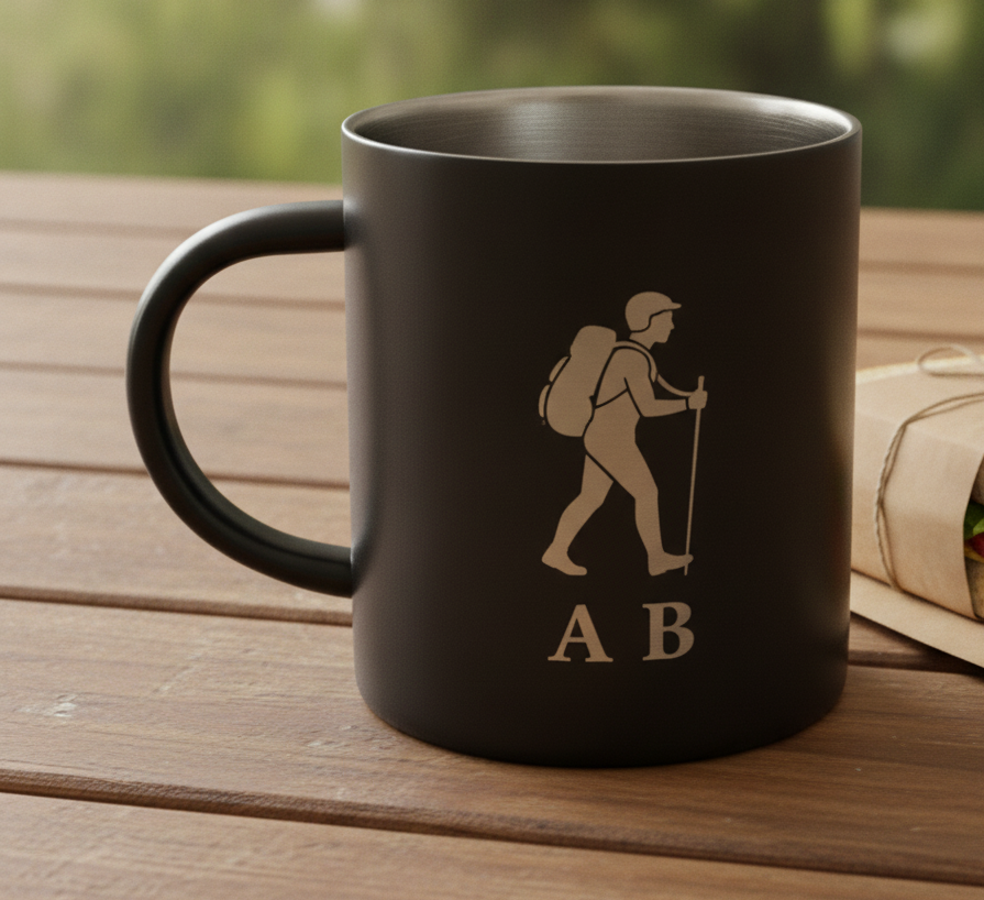 x 2, Personalised Black 400ml Stainless Steel Mugs. Any Text and Font, Logos etc.