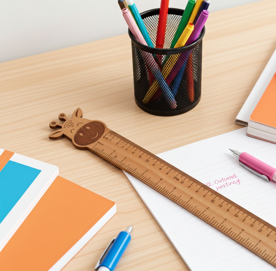 Personalised Children's Ruler with cute animal / mystical creatures engravings. Treated Steamed Beech Wood. Chunky and strong, 290mm x 40mm x 4 mm. Made to order in Thanet, Kent.