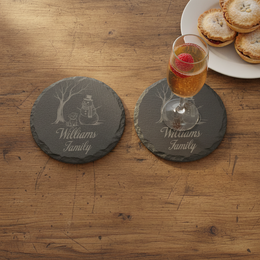 Personalised Christmas Slate Coasters | Custom Round Snowman and Dog Winter Coaster | Engraved Festive Holiday Gift with Anti-Skid Feet.