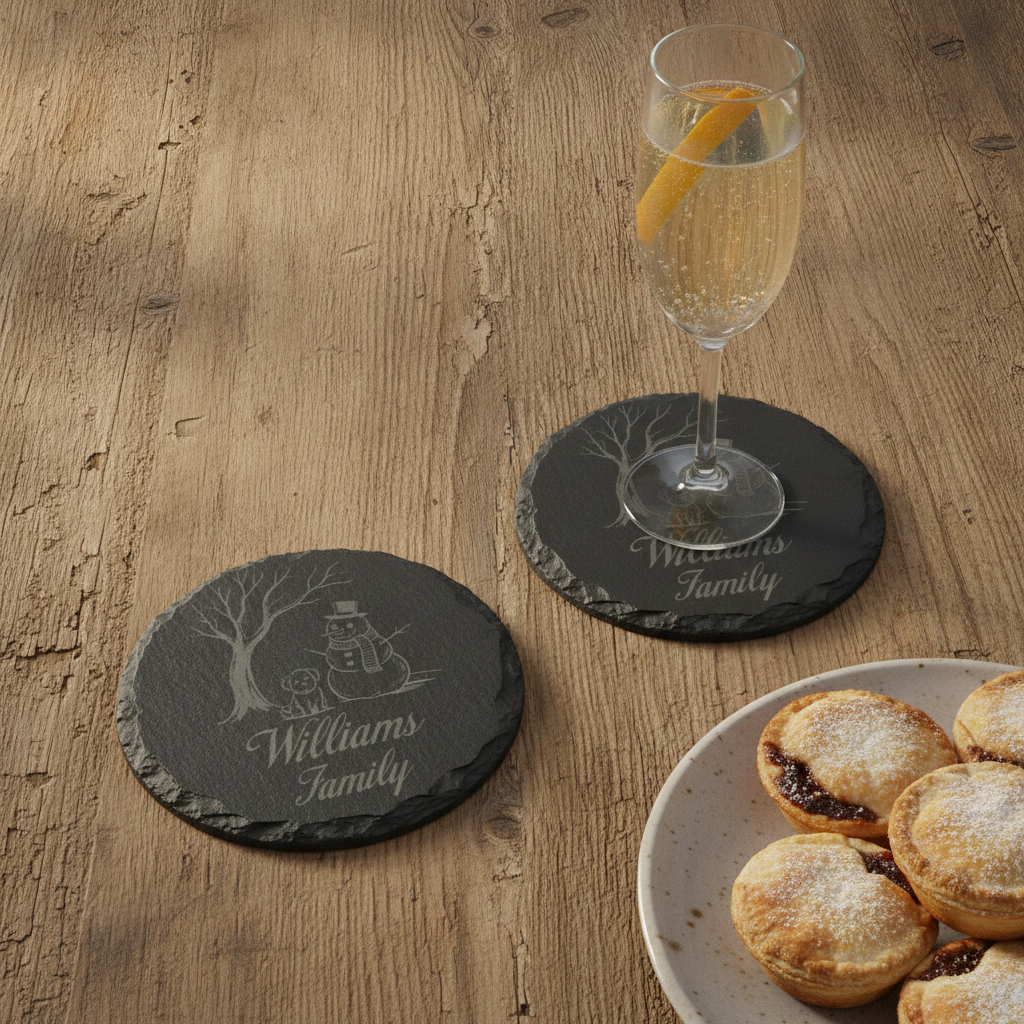 Personalised Christmas Slate Coasters | Custom Round Snowman and Dog Winter Coaster | Engraved Festive Holiday Gift with Anti-Skid Feet.