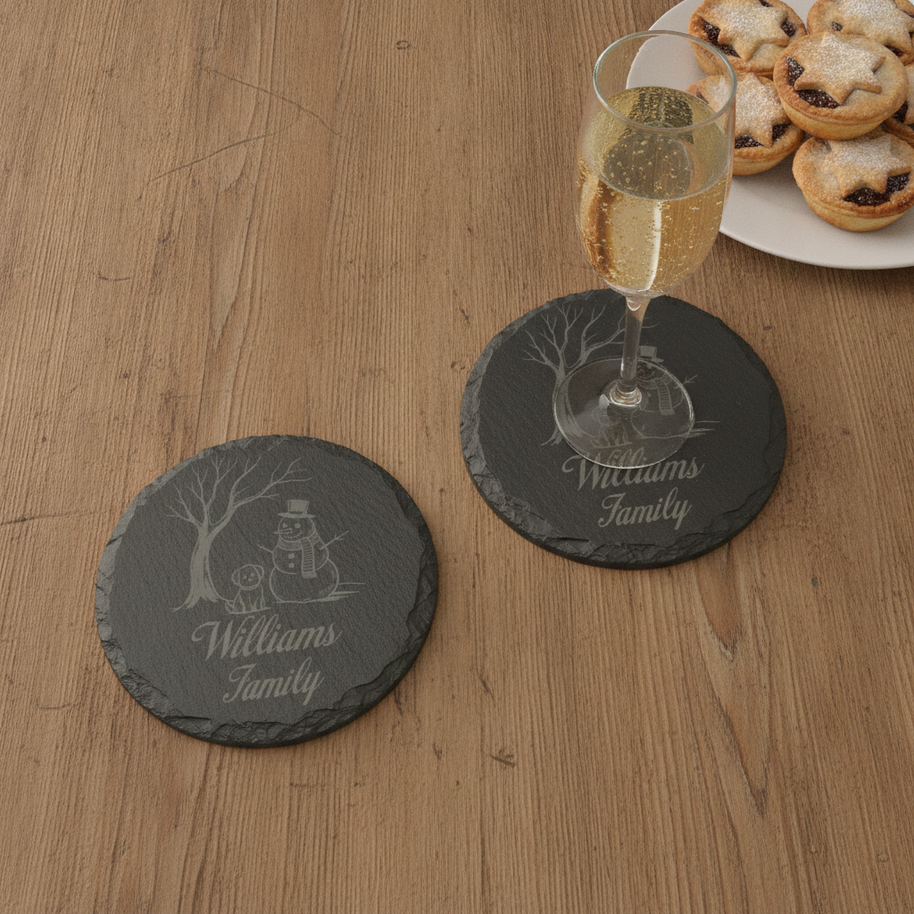 Personalised Christmas Slate Coasters | Custom Round Snowman and Dog Winter Coaster | Engraved Festive Holiday Gift with Anti-Skid Feet.