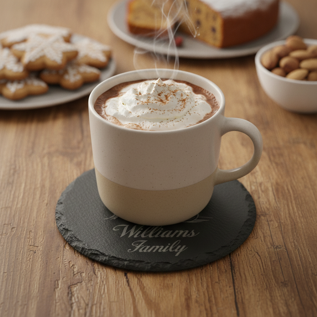 Personalised Christmas Slate Coasters | Custom Round Snowman and Dog Winter Coaster | Engraved Festive Holiday Gift with Anti-Skid Feet.