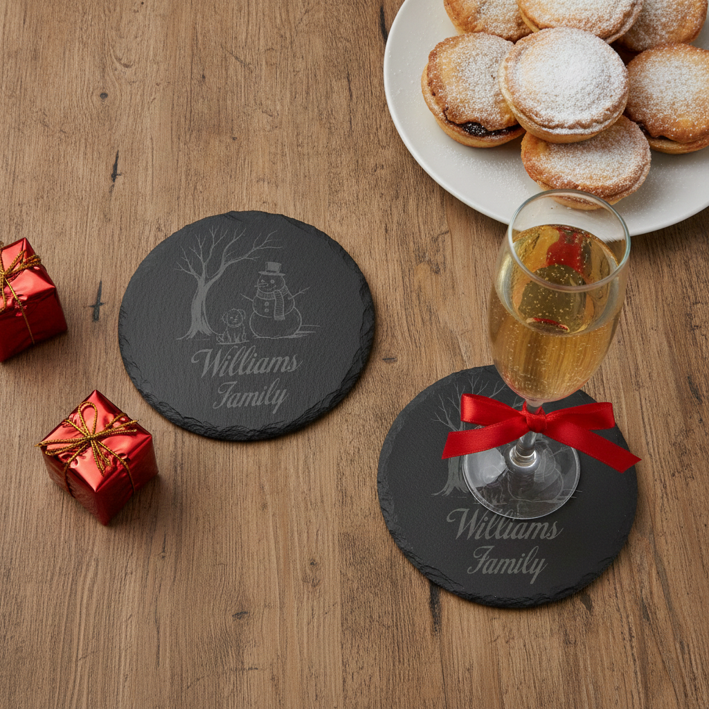 Personalised Christmas Slate Coasters | Custom Round Snowman and Dog Winter Coaster | Engraved Festive Holiday Gift with Anti-Skid Feet.