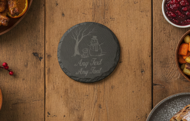 Personalised Christmas Slate Coasters | Custom Round Snowman and Dog Winter Coaster | Engraved Festive Holiday Gift with Anti-Skid Feet.