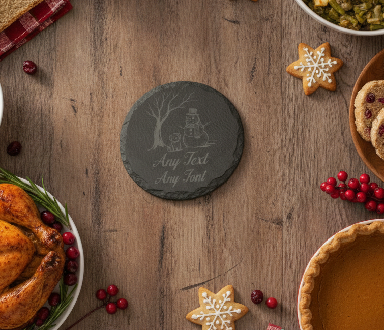 Personalised Christmas Slate Coasters | Custom Round Snowman and Dog Winter Coaster | Engraved Festive Holiday Gift with Anti-Skid Feet.