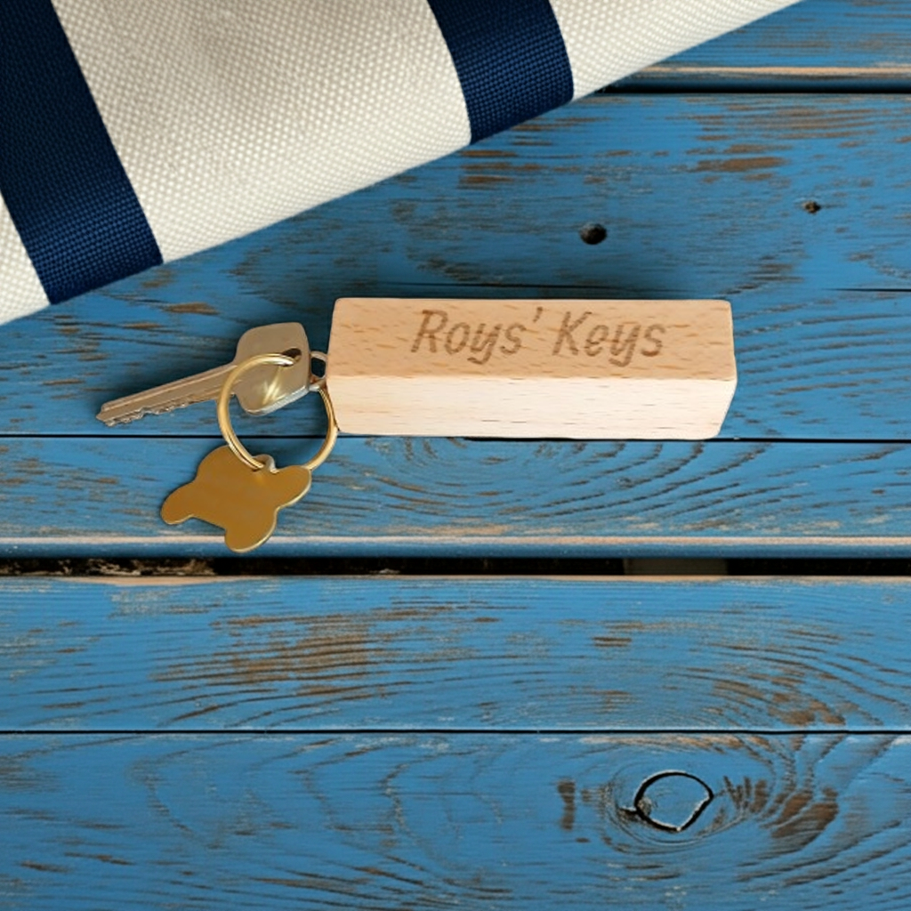 Personalised Chunky Beech Keyring, 8.5cm, Any Font and Text.