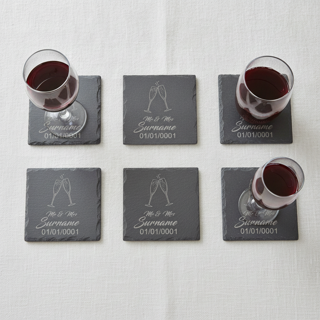 Personalised Coasters - Wedding. Any Text and Font. 10cm x 10cm. Bumper Feet.