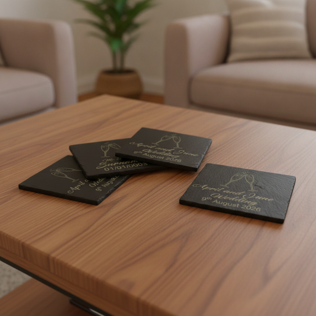 Personalised Coasters - Wedding. Any Text and Font. 10cm x 10cm. Bumper Feet.