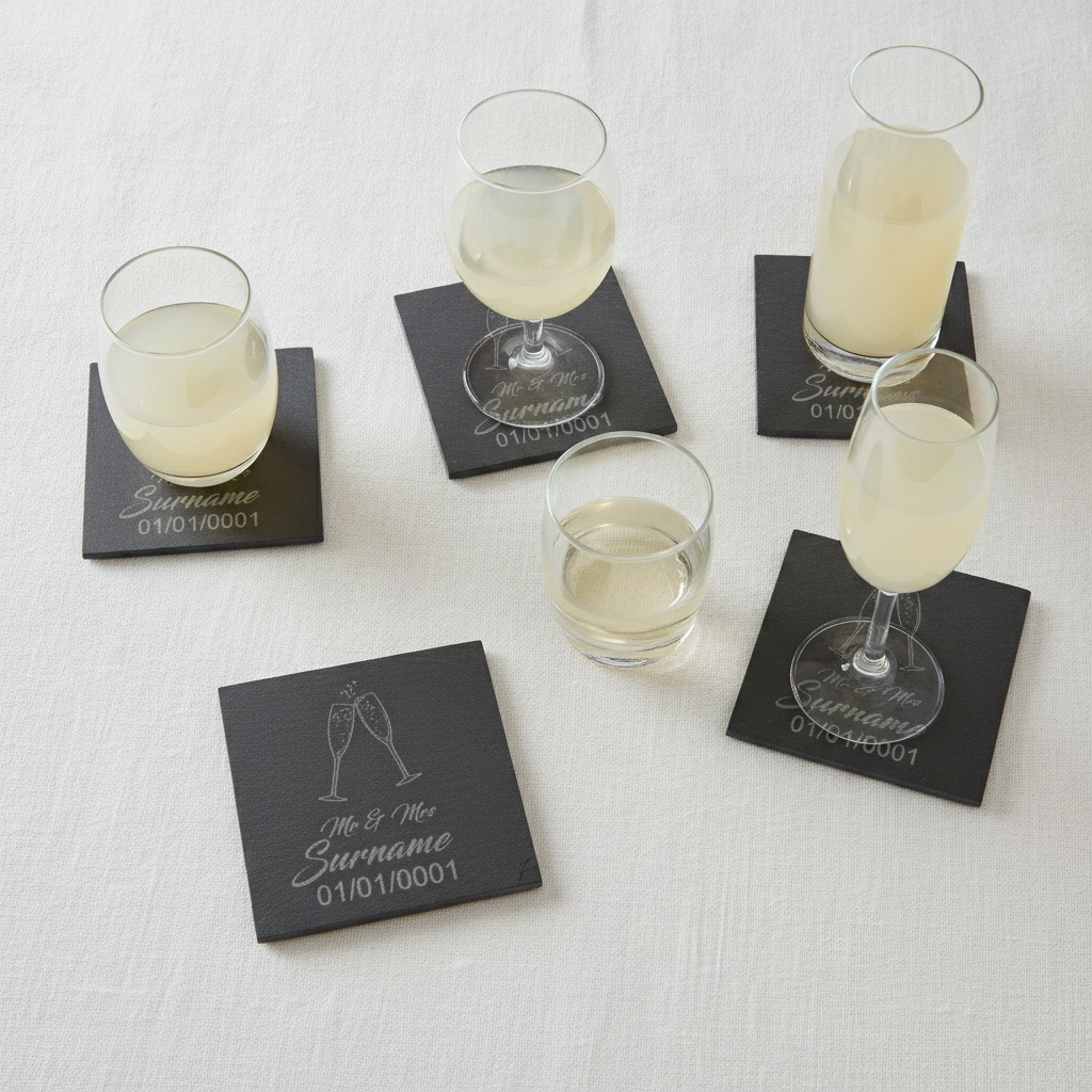 Personalised Coasters - Wedding. Any Text and Font. 10cm x 10cm. Bumper Feet.