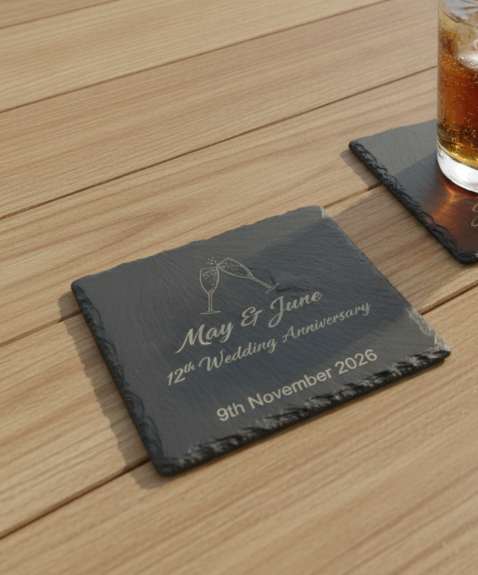 Personalised Coasters - Wedding. Any Text and Font. 10cm x 10cm. Bumper Feet.