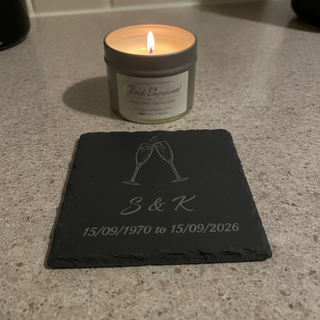 Personalised Coasters - Wedding. Any Text and Font. 10cm x 10cm. Bumper Feet.